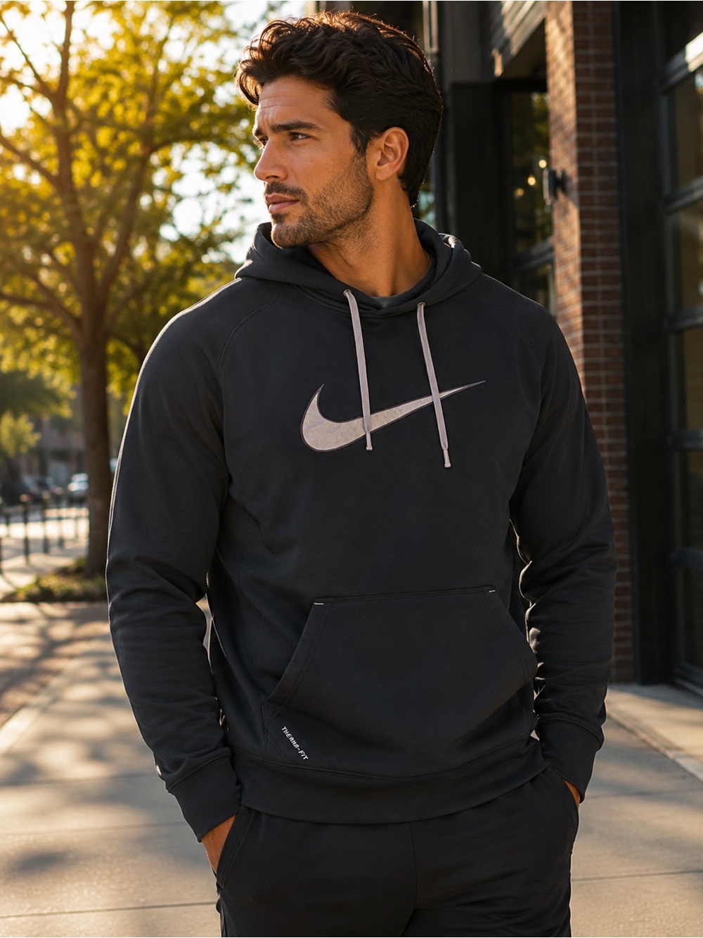 Nike Men's Black Hoodie with Silver Swoosh